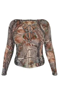 Sale PrettyLittleThing Shape Abstract Camo Printed Cut Out Long Sleeve Top Khaki