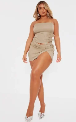 Discount PrettyLittleThing Shape Buckle Detail Woven Mini Skirt Khaki