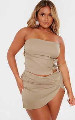 Discount PrettyLittleThing Shape Buckle Detail Woven Mini Skirt Khaki