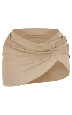 Discount PrettyLittleThing Shape Buckle Detail Woven Mini Skirt Khaki