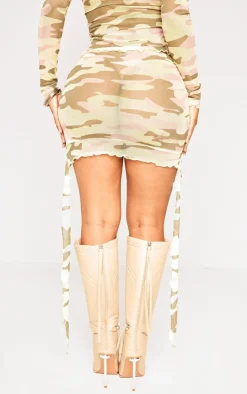 Outlet PrettyLittleThing Shape Camo Printed Mesh Ruched Side Mini Skirt Khaki