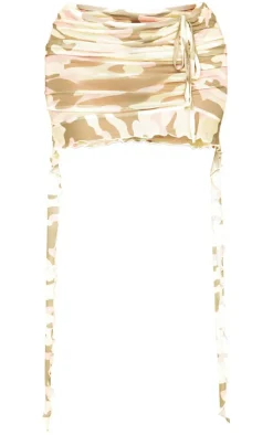 Outlet PrettyLittleThing Shape Camo Printed Mesh Ruched Side Mini Skirt Khaki