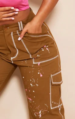 Shape Khaki Contrast Stitch Paint Splatter Cargo Pants