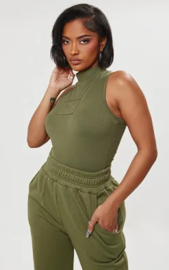 Clearance PrettyLittleThing Shape Cotton High Neck Sleeveless Bodysuit Khaki