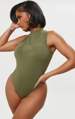 Clearance PrettyLittleThing Shape Cotton High Neck Sleeveless Bodysuit Khaki