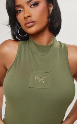 Clearance PrettyLittleThing Shape Cotton High Neck Sleeveless Bodysuit Khaki