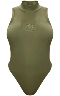 Clearance PrettyLittleThing Shape Cotton High Neck Sleeveless Bodysuit Khaki