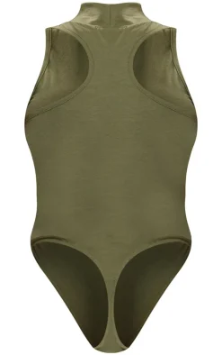 Clearance PrettyLittleThing Shape Cotton High Neck Sleeveless Bodysuit Khaki