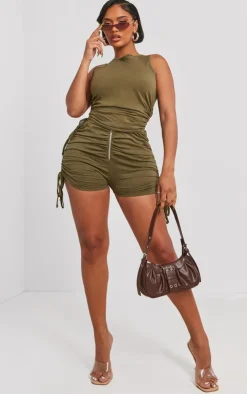 Best PrettyLittleThing Shape Cotton Ruched Hot Pants Khaki