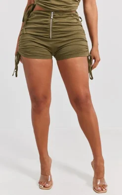 Best PrettyLittleThing Shape Cotton Ruched Hot Pants Khaki