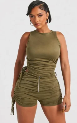 Best PrettyLittleThing Shape Cotton Ruched Hot Pants Khaki