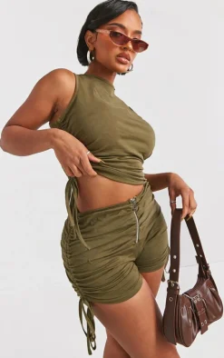 Best PrettyLittleThing Shape Cotton Ruched Hot Pants Khaki