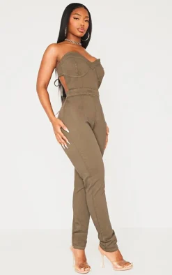 Shape Khaki Cup Detail Tie Back Denim Jumpsuit