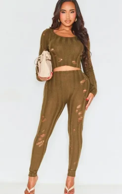 PrettyLittleThing Shape Distress Ribbed Knitted Pants Khaki