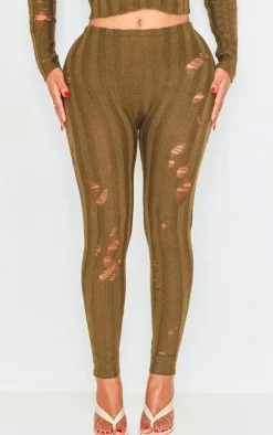 PrettyLittleThing Shape Distress Ribbed Knitted Pants Khaki