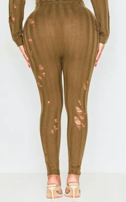 PrettyLittleThing Shape Distress Ribbed Knitted Pants Khaki
