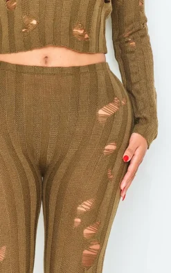 PrettyLittleThing Shape Distress Ribbed Knitted Pants Khaki