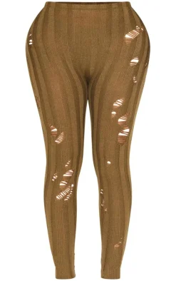 PrettyLittleThing Shape Distress Ribbed Knitted Pants Khaki