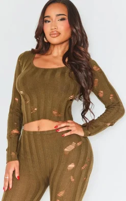 Outlet PrettyLittleThing Shape Distress Ribbed Knitted Long Sleeve Top Khaki
