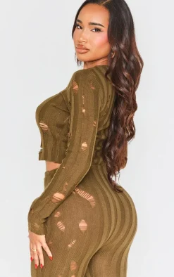 Outlet PrettyLittleThing Shape Distress Ribbed Knitted Long Sleeve Top Khaki