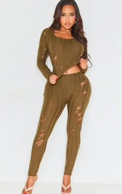 Outlet PrettyLittleThing Shape Distress Ribbed Knitted Long Sleeve Top Khaki