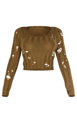 Outlet PrettyLittleThing Shape Distress Ribbed Knitted Long Sleeve Top Khaki