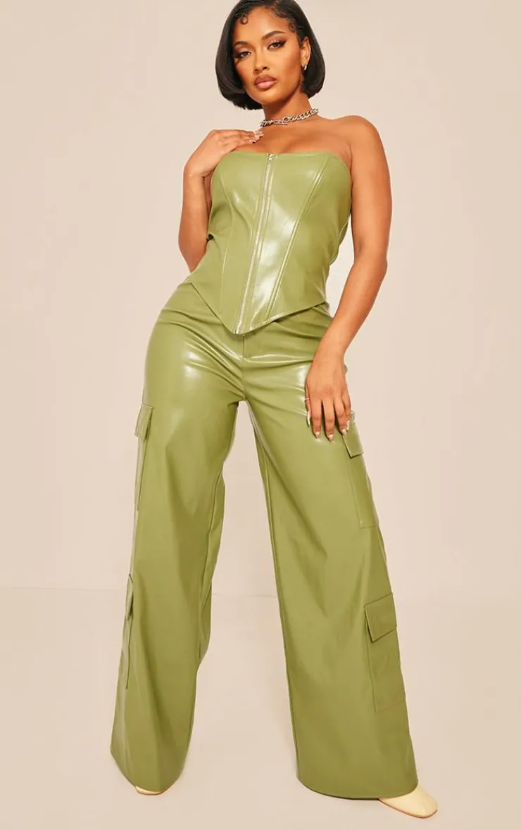 Best PrettyLittleThing Shape Faux Leather Straight Leg Cargo Pants Khaki