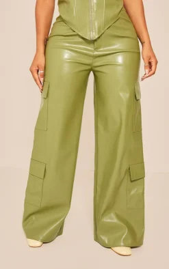 Best PrettyLittleThing Shape Faux Leather Straight Leg Cargo Pants Khaki