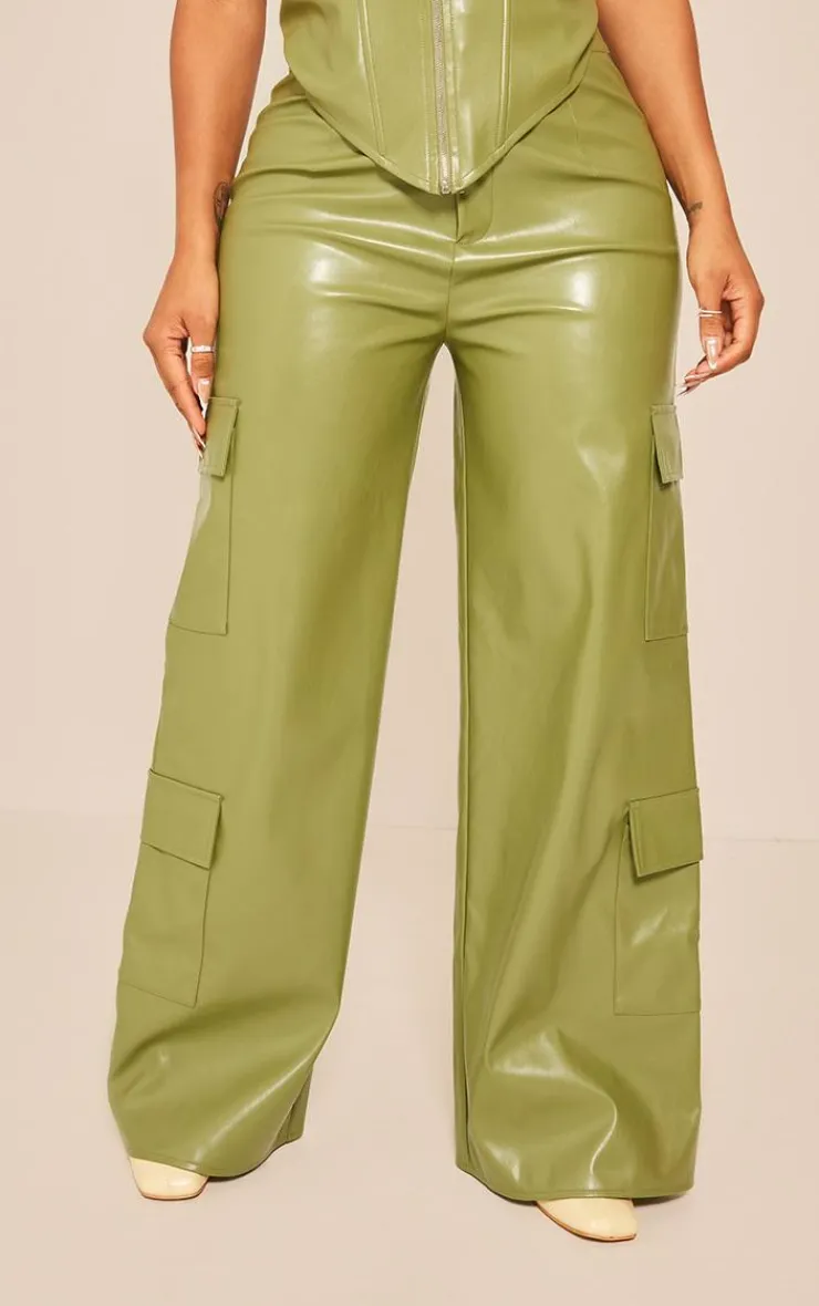 Best PrettyLittleThing Shape Faux Leather Straight Leg Cargo Pants Khaki