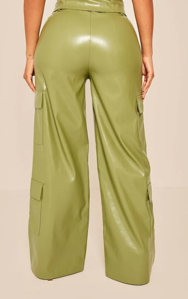 Best PrettyLittleThing Shape Faux Leather Straight Leg Cargo Pants Khaki