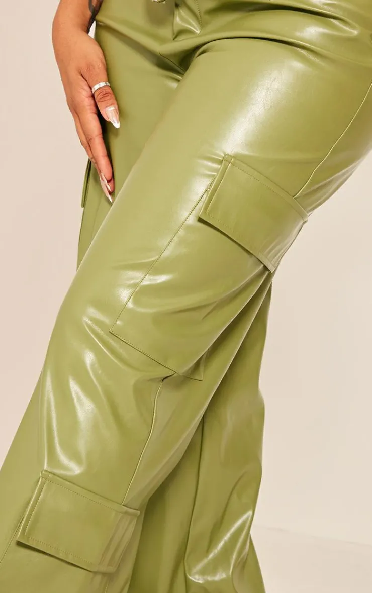 Best PrettyLittleThing Shape Faux Leather Straight Leg Cargo Pants Khaki