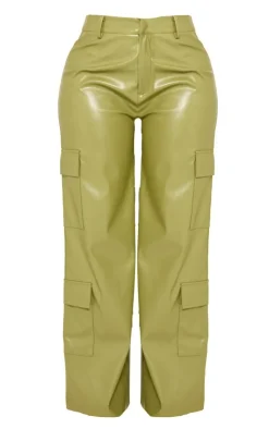 Best PrettyLittleThing Shape Faux Leather Straight Leg Cargo Pants Khaki