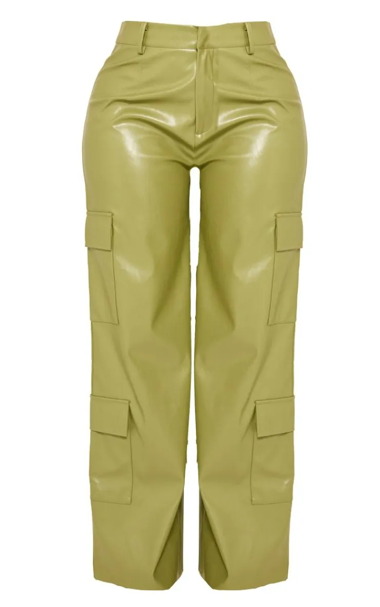 Best PrettyLittleThing Shape Faux Leather Straight Leg Cargo Pants Khaki