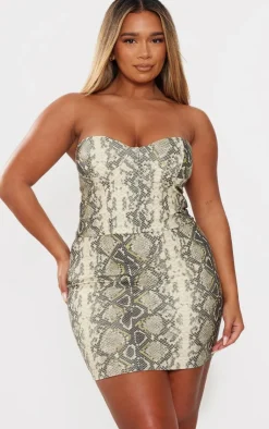 New PrettyLittleThing Shape Faux Leather Snake Print Bandeau Top Khaki