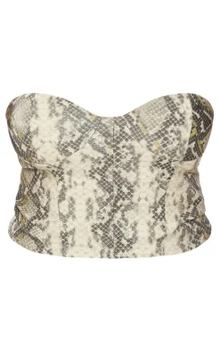 New PrettyLittleThing Shape Faux Leather Snake Print Bandeau Top Khaki