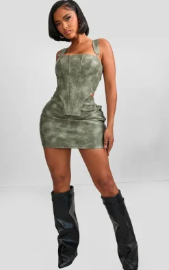 Discount PrettyLittleThing Shape Faux Leather Button Side Mini Skirt Khaki