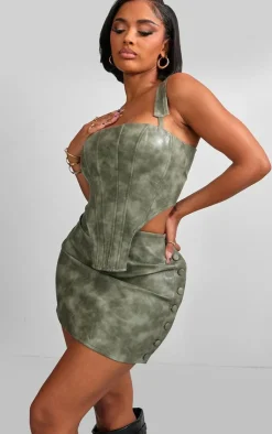 Discount PrettyLittleThing Shape Faux Leather Button Side Mini Skirt Khaki