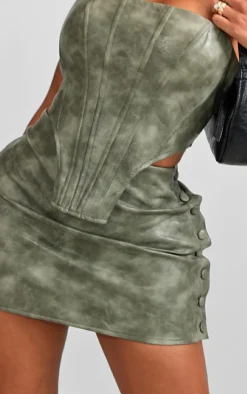 Discount PrettyLittleThing Shape Faux Leather Button Side Mini Skirt Khaki