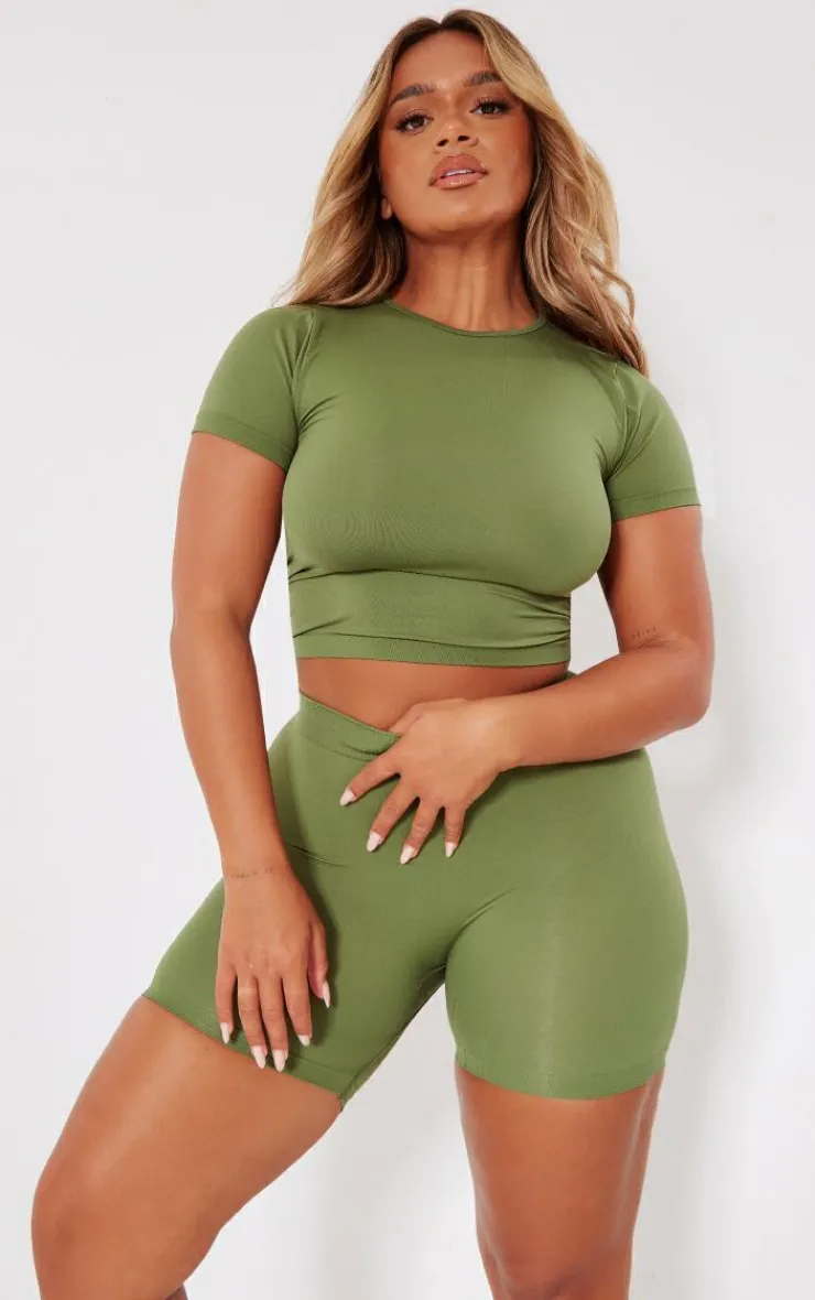 PrettyLittleThing Shape Fitted Seamless Shorts Khaki