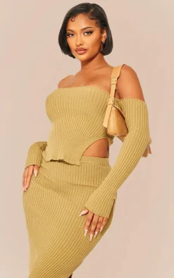 Sale PrettyLittleThing Shape Knit Bardot Split Side Detail Top Khaki