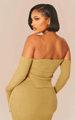 Sale PrettyLittleThing Shape Knit Bardot Split Side Detail Top Khaki