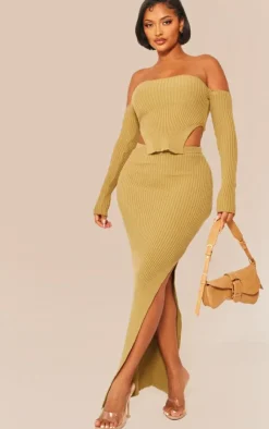 Sale PrettyLittleThing Shape Knit Bardot Split Side Detail Top Khaki