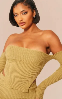 Sale PrettyLittleThing Shape Knit Bardot Split Side Detail Top Khaki