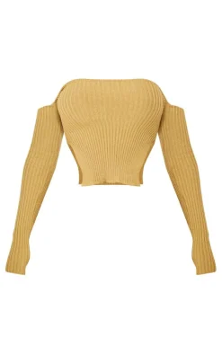Sale PrettyLittleThing Shape Knit Bardot Split Side Detail Top Khaki