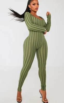Shape Khaki Knit Contrast Scoop Neck Jumpsuit