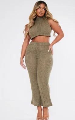 Best PrettyLittleThing Shape Knit High Waist Flare Pants Khaki