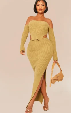 Sale PrettyLittleThing Shape Knit Split Side Detail Midaxi Skirt Khaki
