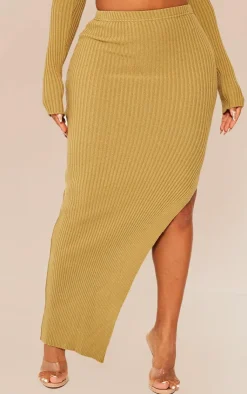 Sale PrettyLittleThing Shape Knit Split Side Detail Midaxi Skirt Khaki