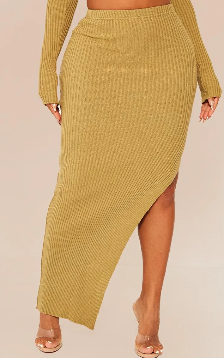 Sale PrettyLittleThing Shape Knit Split Side Detail Midaxi Skirt Khaki