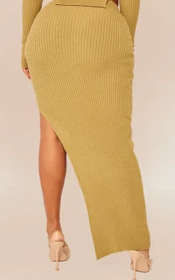 Sale PrettyLittleThing Shape Knit Split Side Detail Midaxi Skirt Khaki